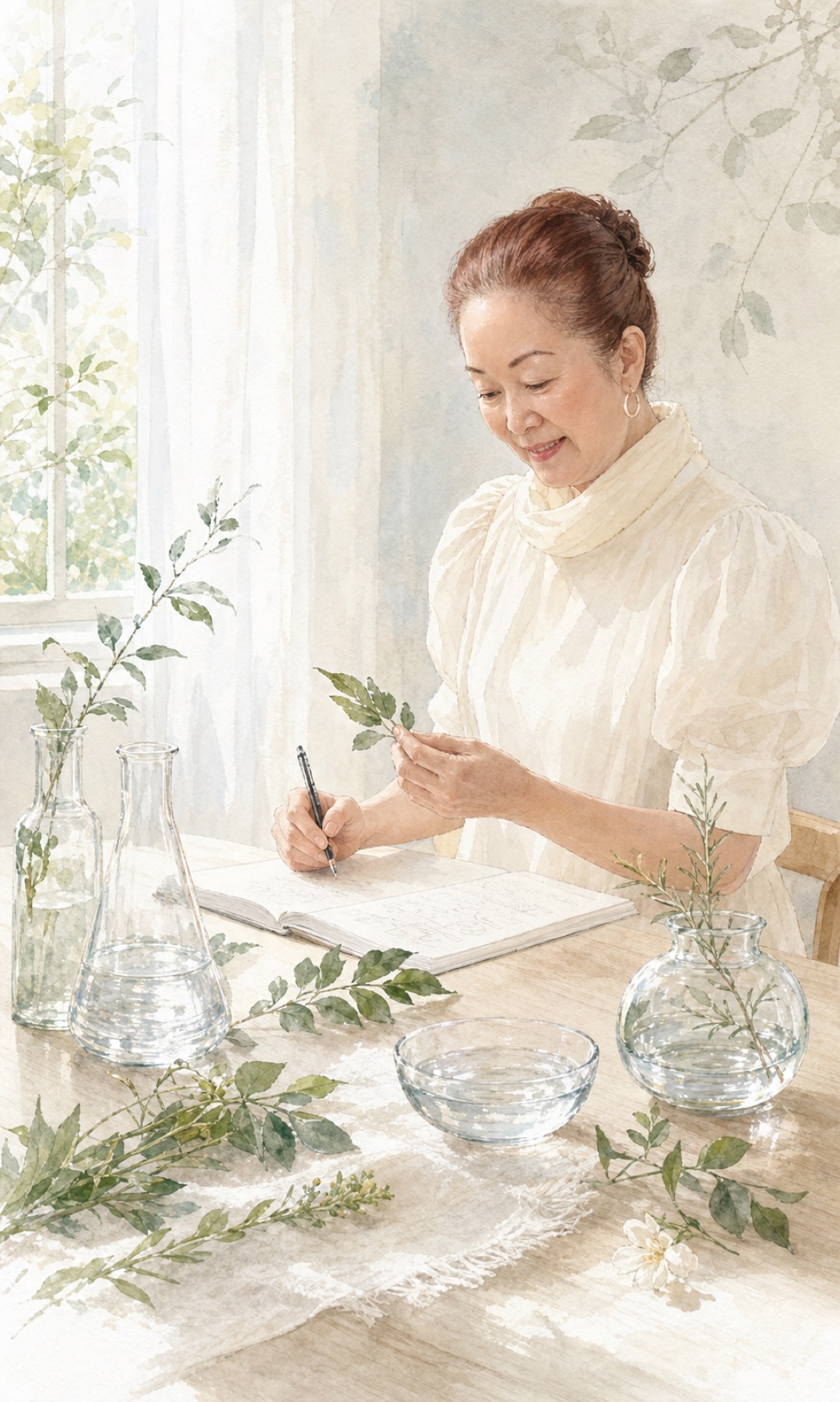 BK KOAKI 品牌起点插图：窗边记录植物素材的女性